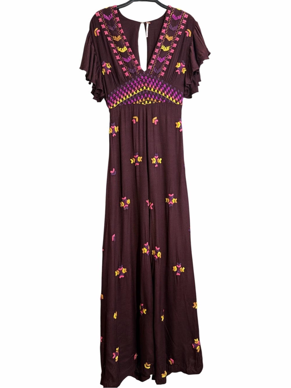 Free People Floral Embroidered V-Neck wide legged jumpsuit EC  Size 0